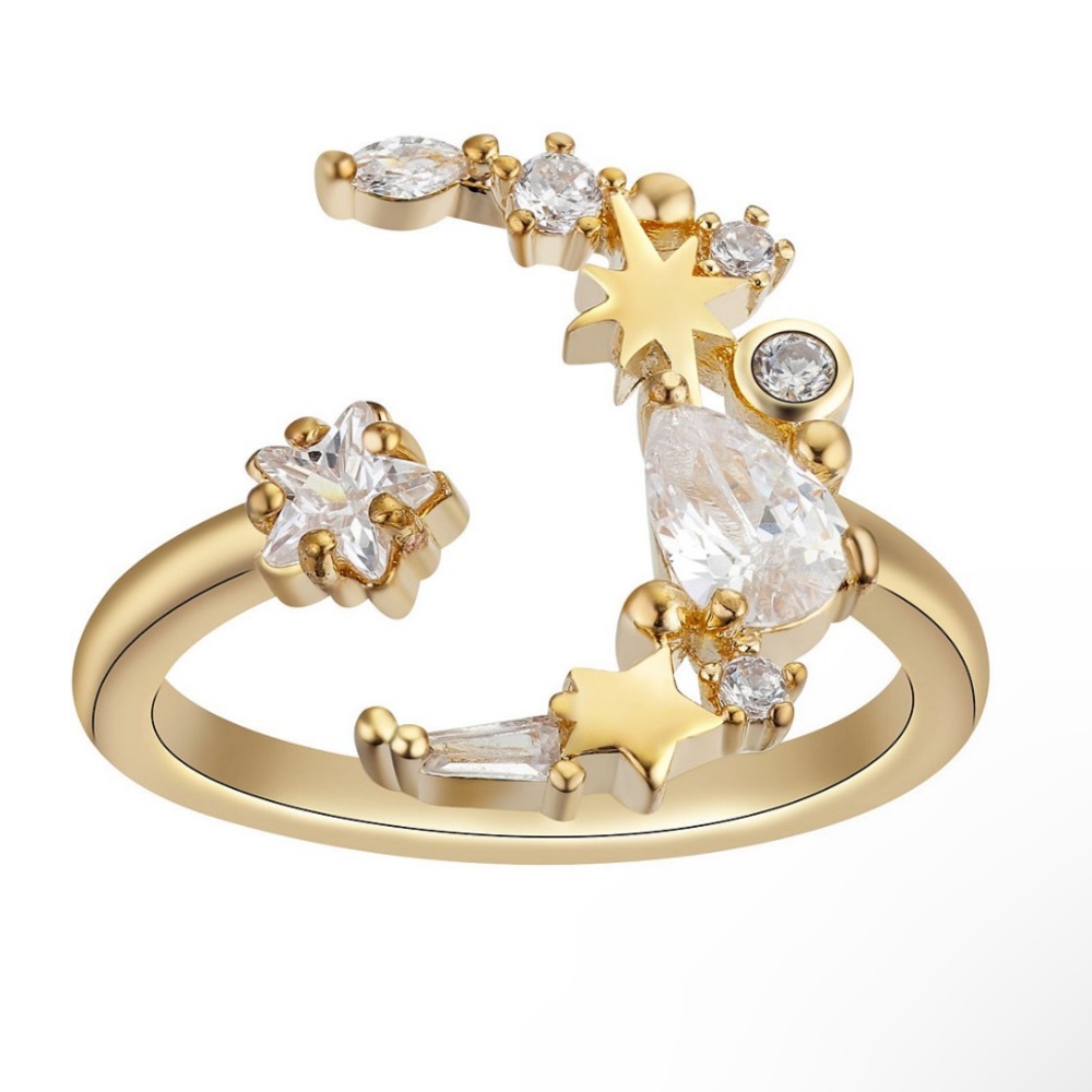 14Kt Gold Flash Plated Cubic Zirconia Moon and Stars Celestial Adjustable Ring